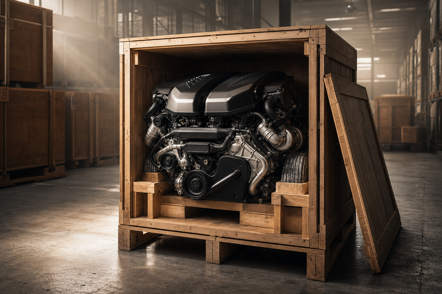 Used BMW engine crated for EU shipping from Bavarian Engines Hamburg